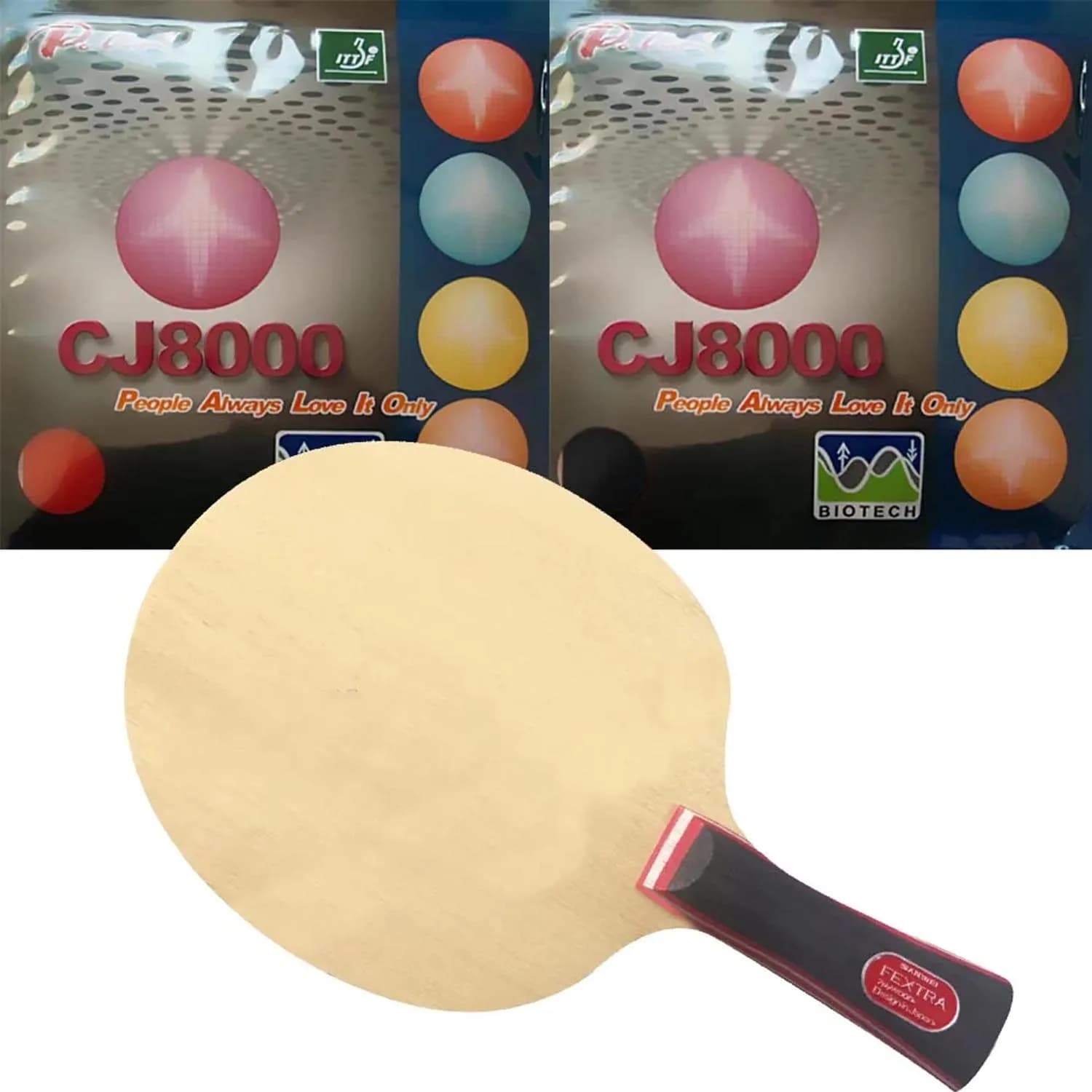 Set Professionale di Racchette da Ping Pong Sanwei FEXTRA 7 con 2x CJ8000 BIOTECH H36-38 Gomme, Impugnatura Lunga FL