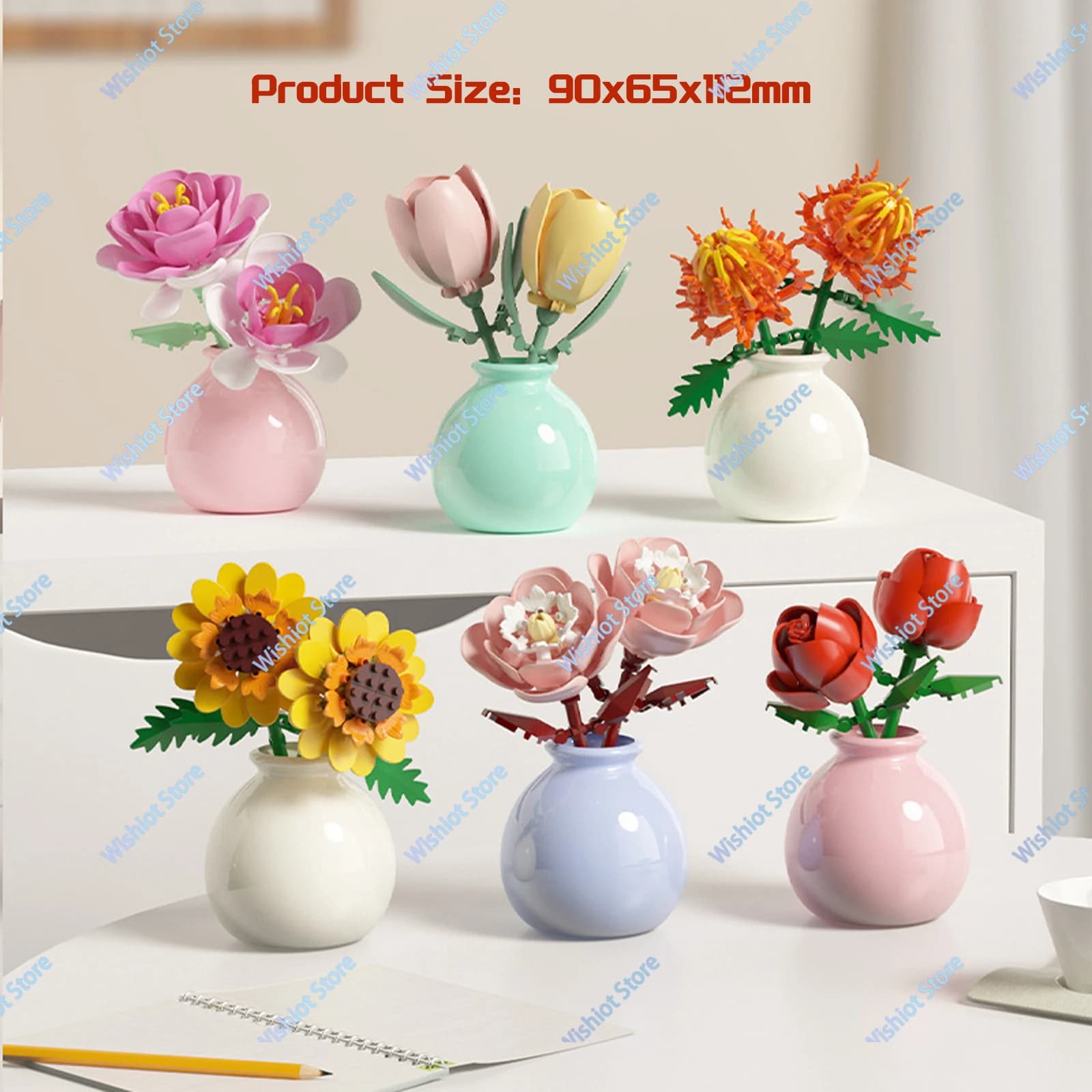 Blocchi di fiori creativi con vaso Rosa Tulipano Girasole Simulazione Bouquet in vaso Decorazioni per la casa Giocattolo educativo Regalo per ragazze