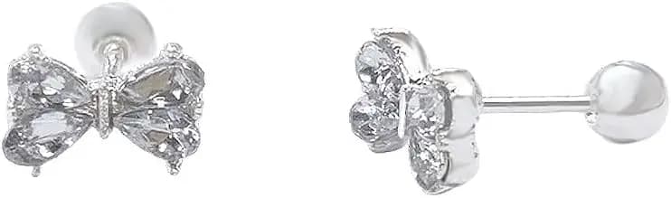 18g Crystal Bowknot Stud Earrings for Women 925 Sterling Silver Post Pin Cute Butterfly Bow 4mm Ball Back Cartilage Tragus Screw