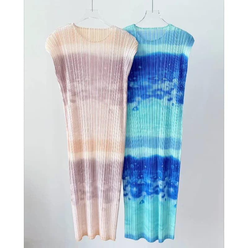 Abiti Plissettati Miyake 2026 Nuovi Vestiti Lunghi Senza Maniche Stampati Casual da Vacanza Viaggio Senza Pieghe Drappeggiati Abbigliamento Donna