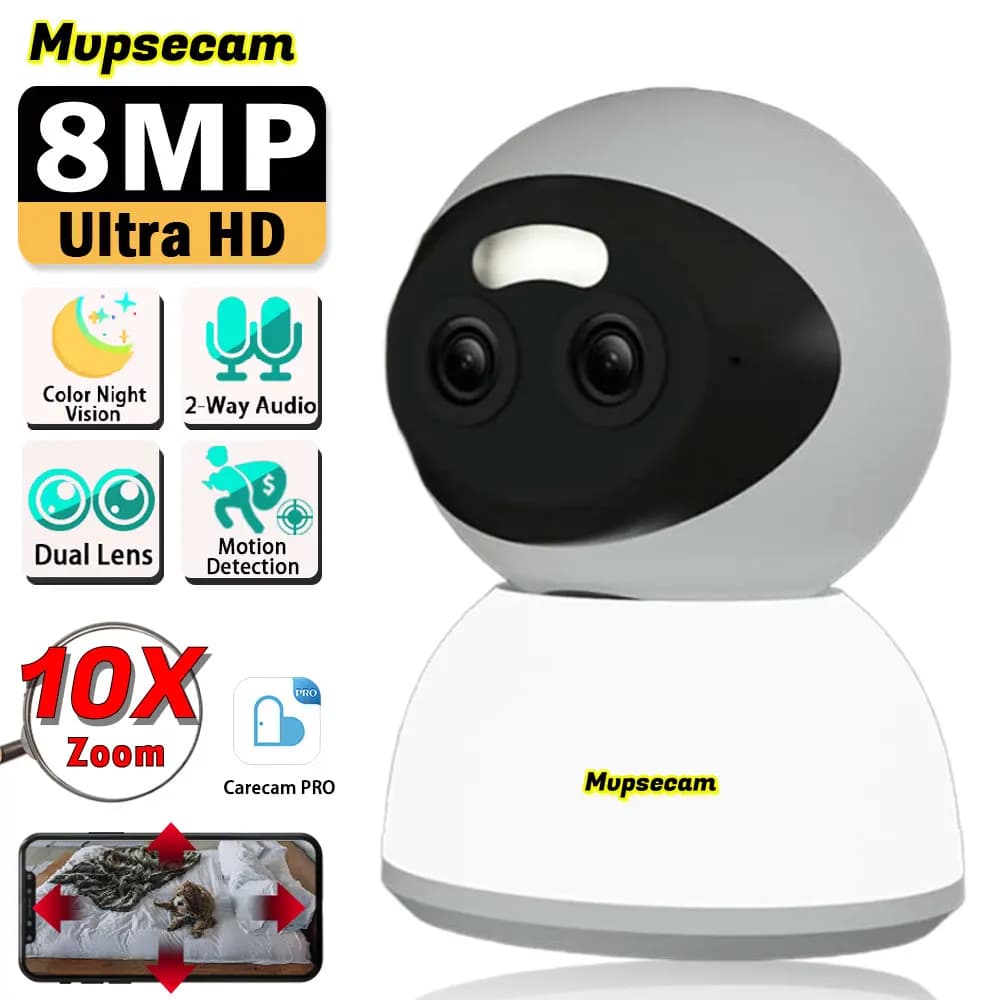 Telecamera di sicurezza PTZ 4K Wifi Zoom 10x Telecamera di sorveglianza CCTV wireless per interni domestici con doppia lente Attaccatura automatica Baby Monitor Cam 8MP