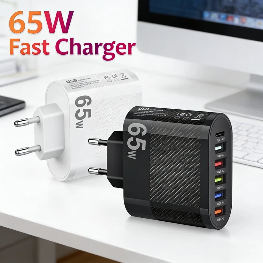 Caricatore da Muro USB-C 6-in-1 65W, Adattatore di Ricarica Rapida QC3.0, Caricabatterie Portatile da Viaggio per iPhone, Xiaomi, Redmi e Smartphone