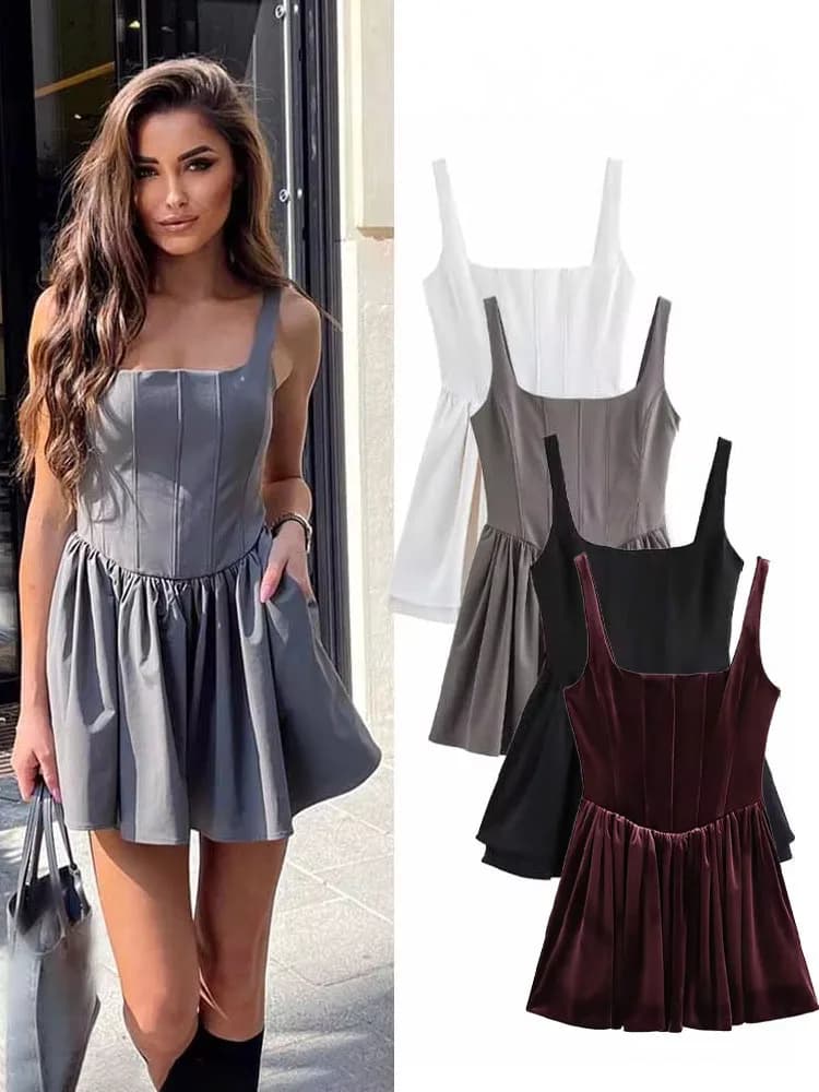 HH Mini abito sottile sexy estivo femminile Colletto quadrato solido Senza maniche Pieghe senza schienale Decorano abiti alla moda da donna con cerniera