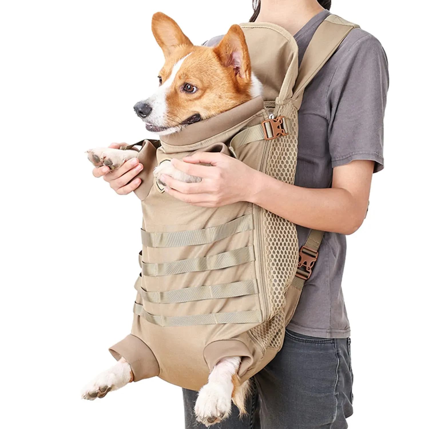 Tactical Dog Carrier Backpack, Breathable Mesh Pet Front Backpack 5 Holes Design, Adjustable Pet Travel Bag for Medium Dogs