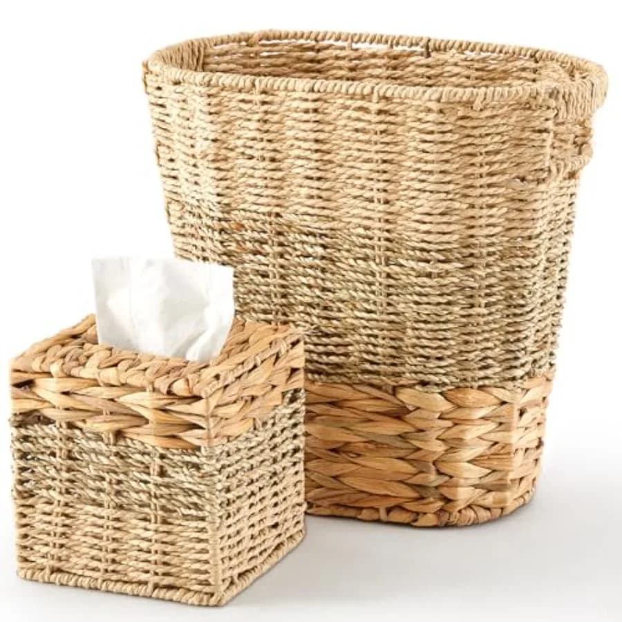 Set di 2 Cestini per Bagno in Vimini da 15L e Porta Fazzoletti, Stile Boho, in Rattan, Intrecciati a Mano con Vari Materiali