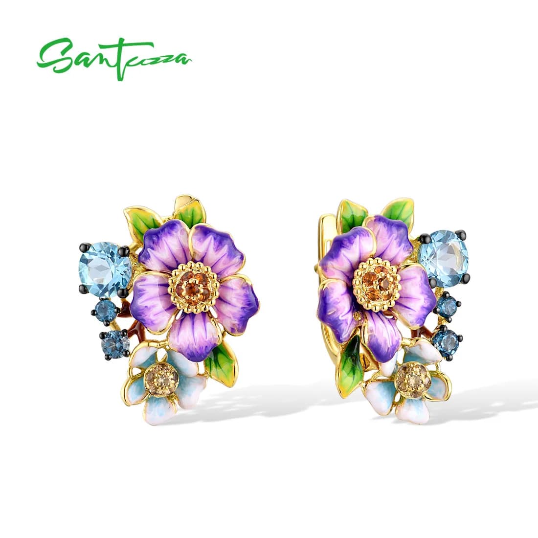 SANTUZZA Orecchini in argento sterling 925 autentico per le donne Gemme blu scintillanti Fantastici regali di compleanno con fiori viola Gioielleria raffinata