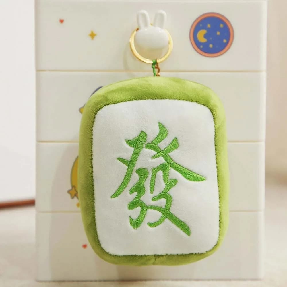 Portachiavi in peluche Mahjong con caratteri cinesi, ricamo portafortuna, ciondolo per zaino, ornamento cartone animato, stile hipster