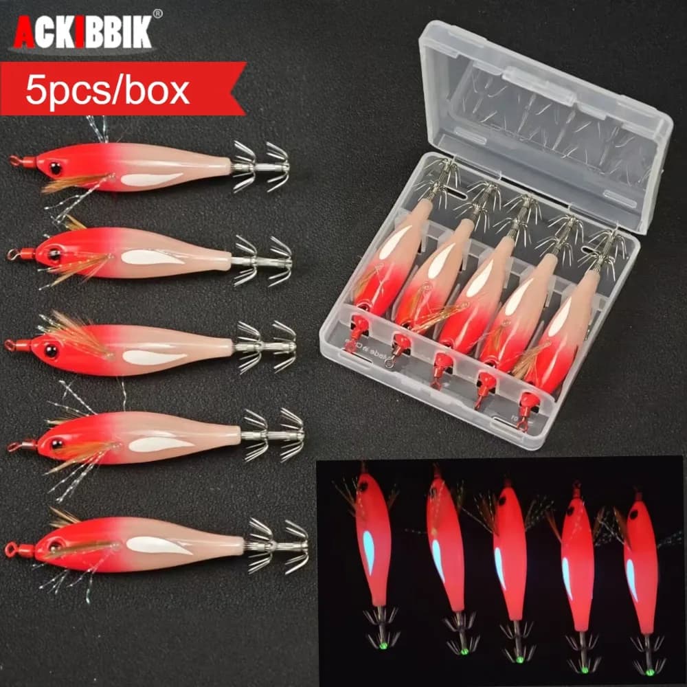 5Pcs/Box Luminous Horizontal Squid Jig Egi Set Simulation Shrimp Fishing Lure Glow in Dark Cuttlefish Octopus Tackle Bait