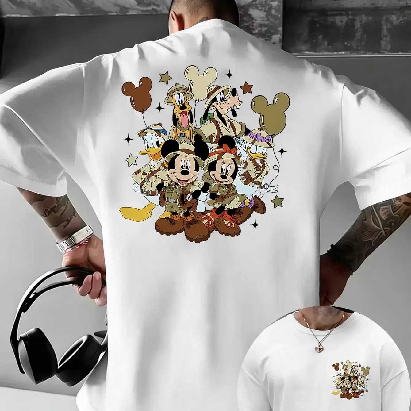 Men's T-shirt with cartoon print, Disney Adventure theme, Mickey and his friends, with animal print and star decoration with balloons