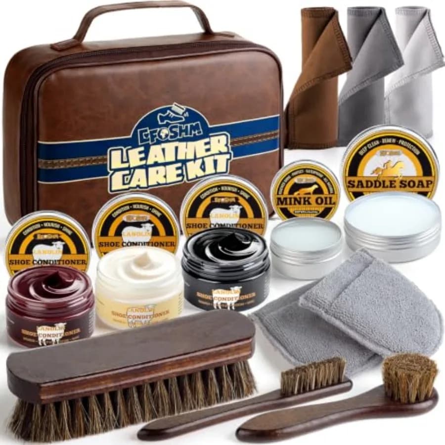 Shoe Shine Kit 3PCS Leather Care with Lanolin Polish Black/Brown/Neutral,Saddle Soap 3.53oz, Mink Oil, Horsehair Brushes Deep C