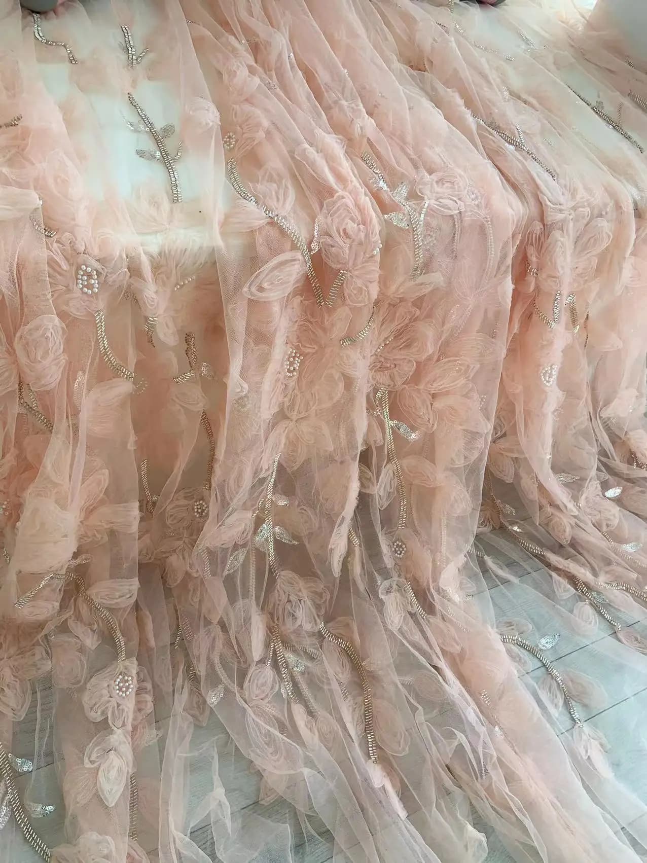 1 Yard 3D Light Pink Flowers Lace Fabric with Pearl Beaded Sequins Gauze for Heavy Blue Ball Gown,Wedding Dress,Stunning Couture