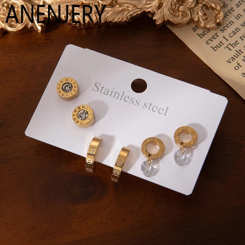 ANENJERY 316L Stainless Steel Letter Circular Zircon Pendant Earrings For Women Fashion Special Jewelry Gifts Wholesale