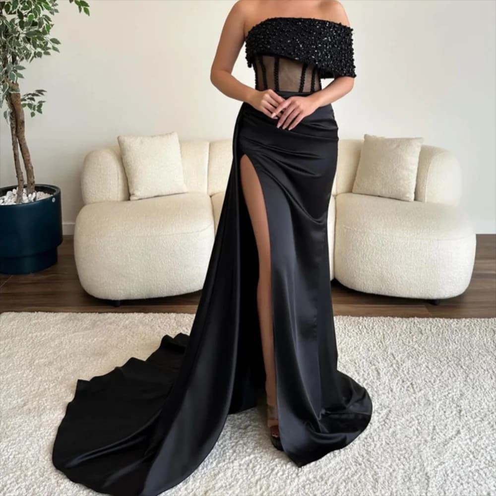 Custom Mermaid Dance Dresses Half Sleeved Evening Dresses With Long Boat Neck Up To Floor Fashion Beads Hot Side Split Backless