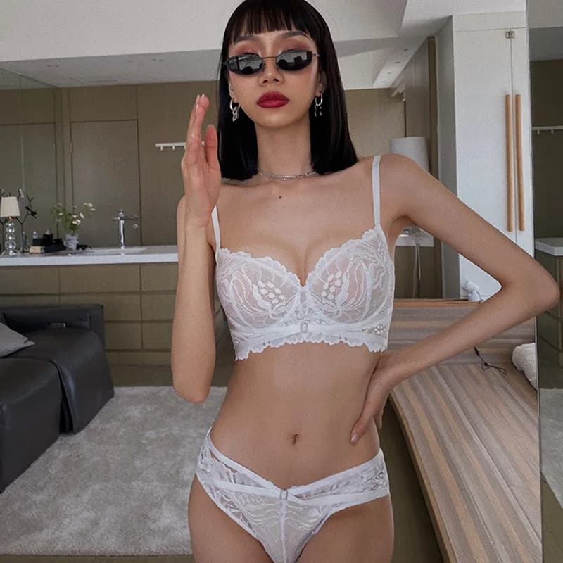 Wireless Bra Set Breathable Lace Underwear Women's Summer Sexy Ultra-Thin Large Size Anti-Sagging Big Chest Looks Small