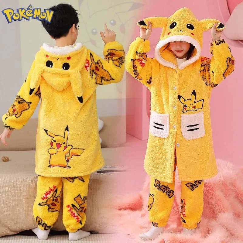 Pigiama in flanella con stampa Pikachu, set pigiama invernale caldo in pile corallo per bambini e bambine, abbigliamento da casa.
