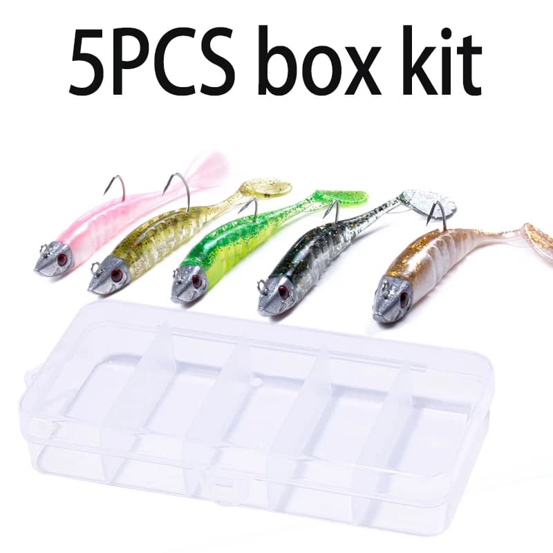 Set di 5 esche morbide con jig head 9cm 15g 11cm 25g, Swimbait in silicone, Esca artificiale a coda a T per kit di pesca al Black Bass, Luccio e in mare