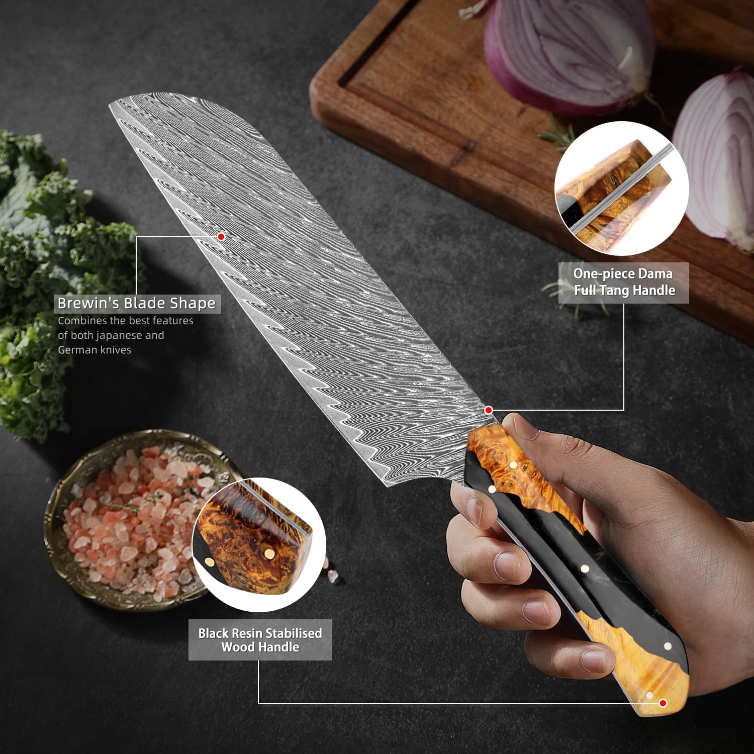 Santoku Knife Japanese steel kitchen knife Damascus 7 inch, Full Tang Knives Best Chef Santoku, Resin stabilized wooden handle