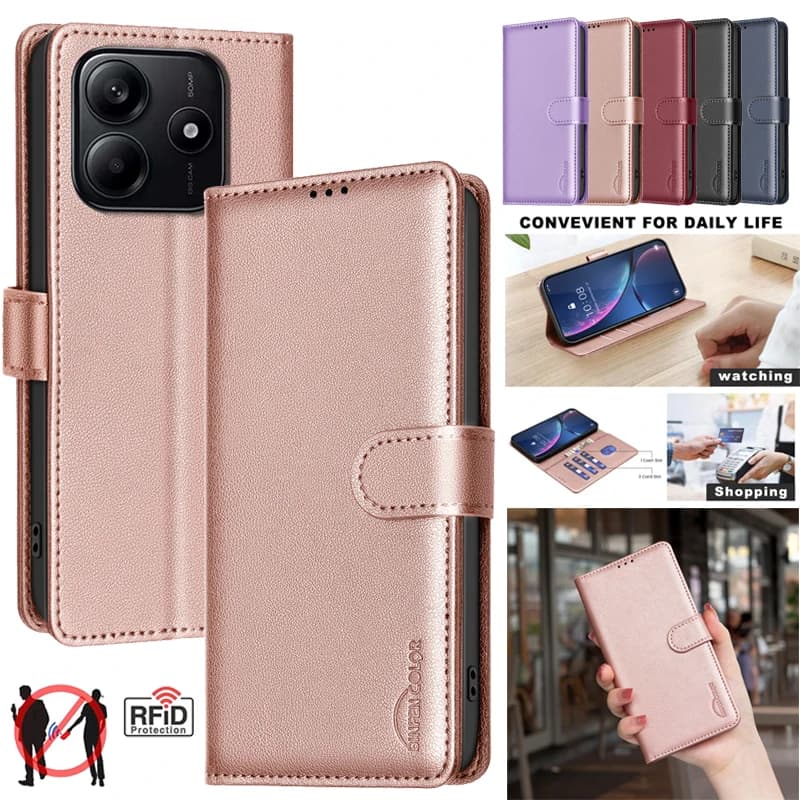 Custodia a Portafoglio Antifurto in Pelle con Blocco RFID per Xiaomi Redmi Note 14S 14C 14 4G Note14 Pro Plus 5G