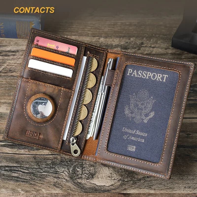 Portafoglio da viaggio in vera pelle di vacchetta con custodia per passaporto, porta carte e blocco RFID