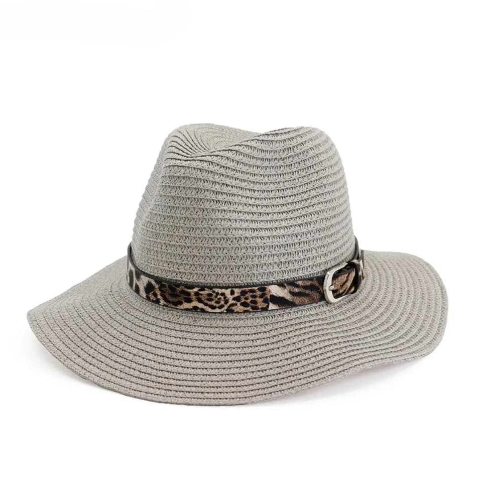 Cappelli da Sole Grigi da Donna in Paglia, Cappelli Estivi da Spiaggia con Cintura Leopardata, Cappello di Paglia Beige Morbido alla Moda, Cappello Jazz da Donna, Blu Navy, Nero