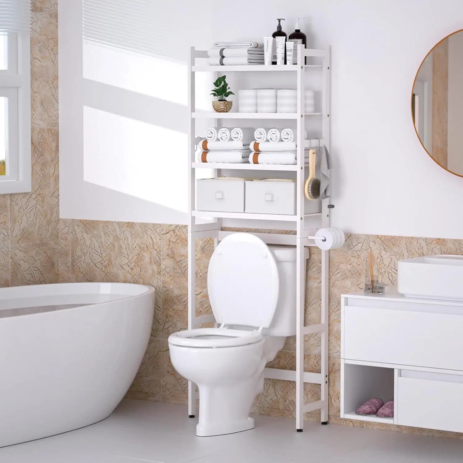 4 Tier Bamboo Over The Toilet Storage Rack Bathroom Organizer Shelf with 2 Baskets Paper Holder and 4 Hooks Freestanding Space Saving Cabinet Utility Tower White