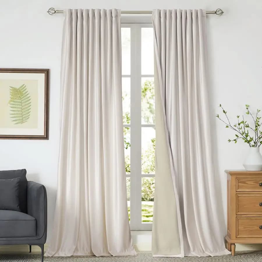 244 cm Off-White Velvet Dark Curtains for Living Room, Set of 2 Pocket Panels and Poster Languages, Window Thermal
