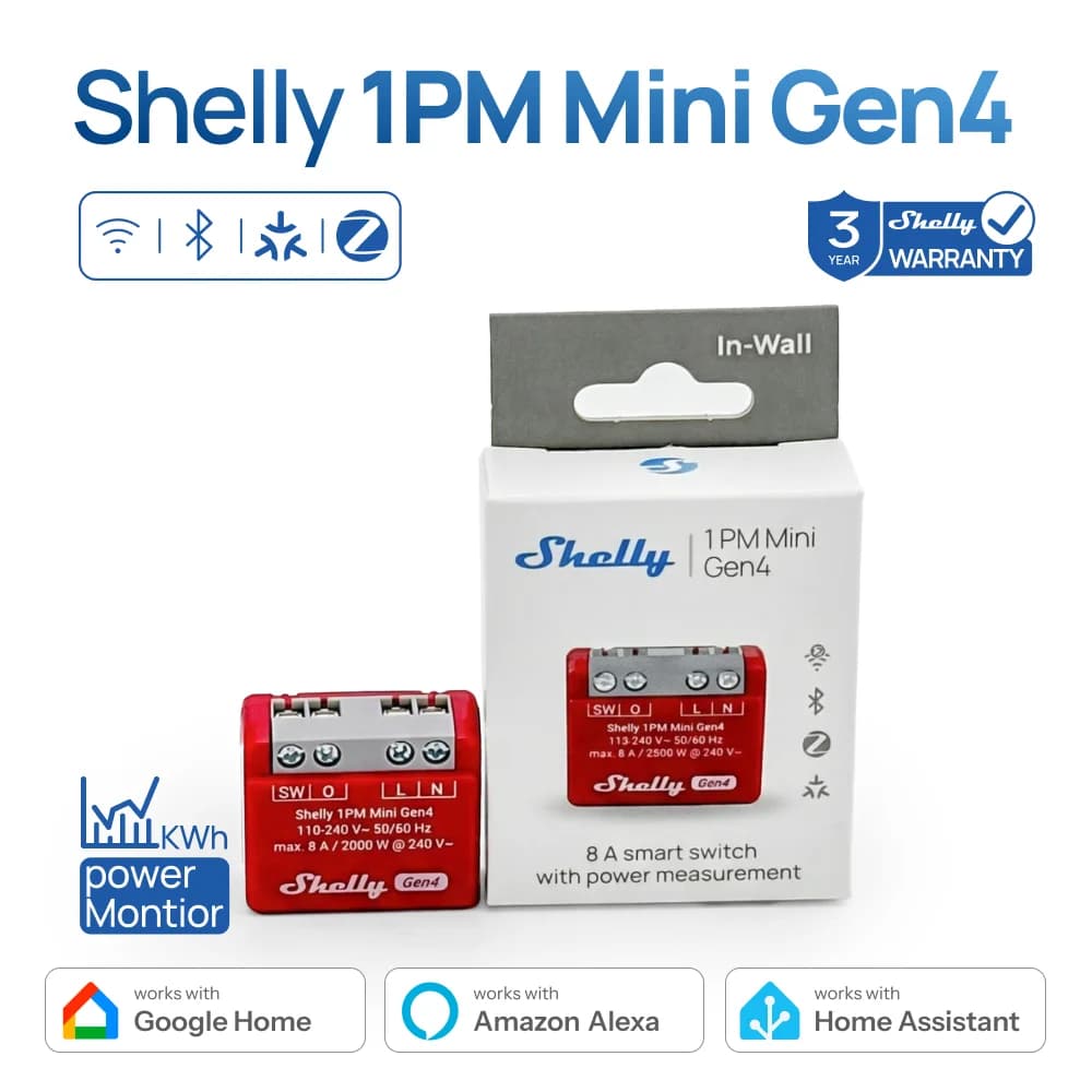 Shelly 1PM Mini Gen4 Zigbee Smart Switch Misuratore di potenza per luci intelligenti Piccoli elettrodomestici Controllo 8A tramite lampadina