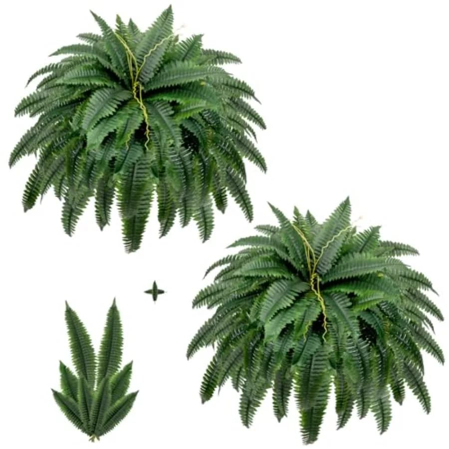 Set of 2 45 inch Boston artificial ferns, fake ferns with 55 leaves, large fake plants to hang, UV-resistant decoration, silk.