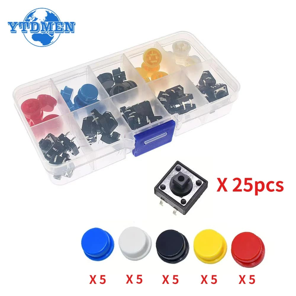 25 Set Keycap Button Button Switch Momentaneo 12 * 12 * 7.3MM Micro Switch Button Kit Circular Cap (5 colors), for Arduino