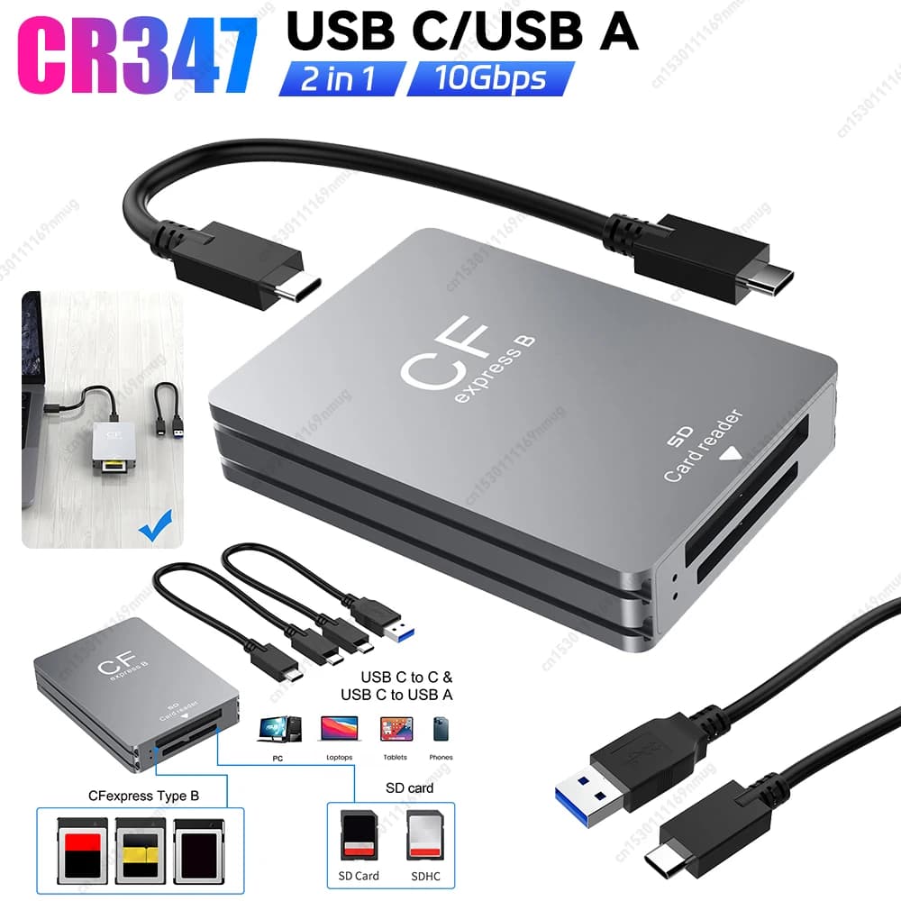 Lettore di schede SD CFexpress tipo B 2 in 1 Lettore CF Express portatile USB 3.2 10 Gbps Doppio slot con cavo da USB C a USB C/A per SLR