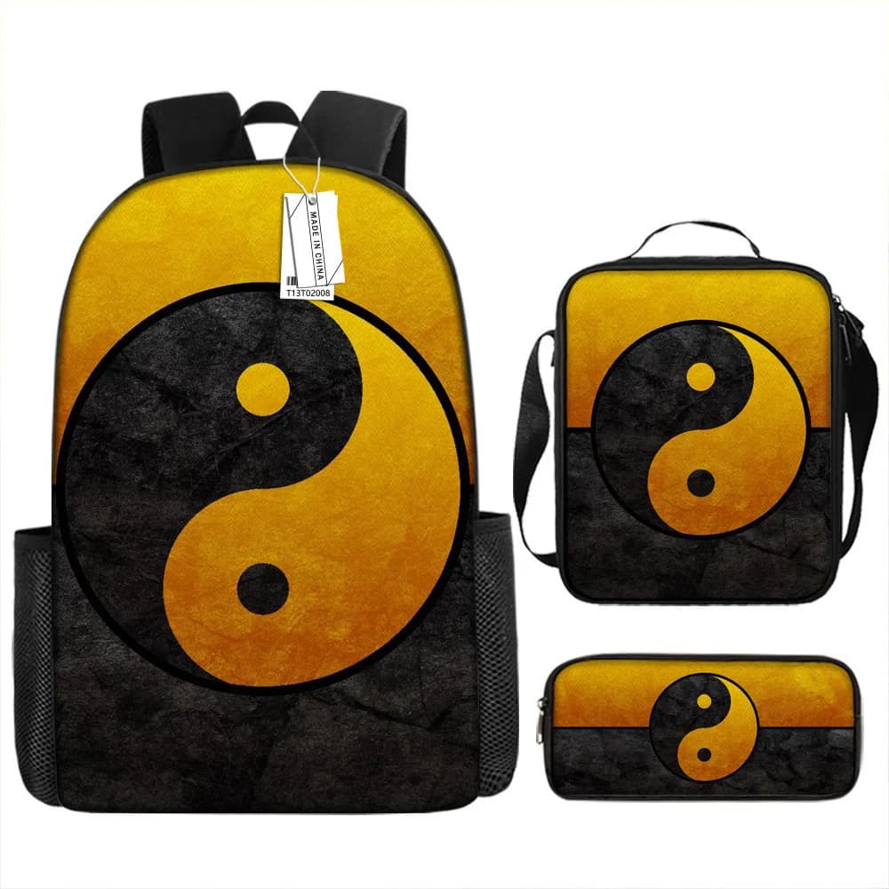 Set di 3 Pezzi di Lusso con Stampa 3D Tai Chi Yin Yang: Zaino Scolastico, Borsa per Laptop e Astuccio