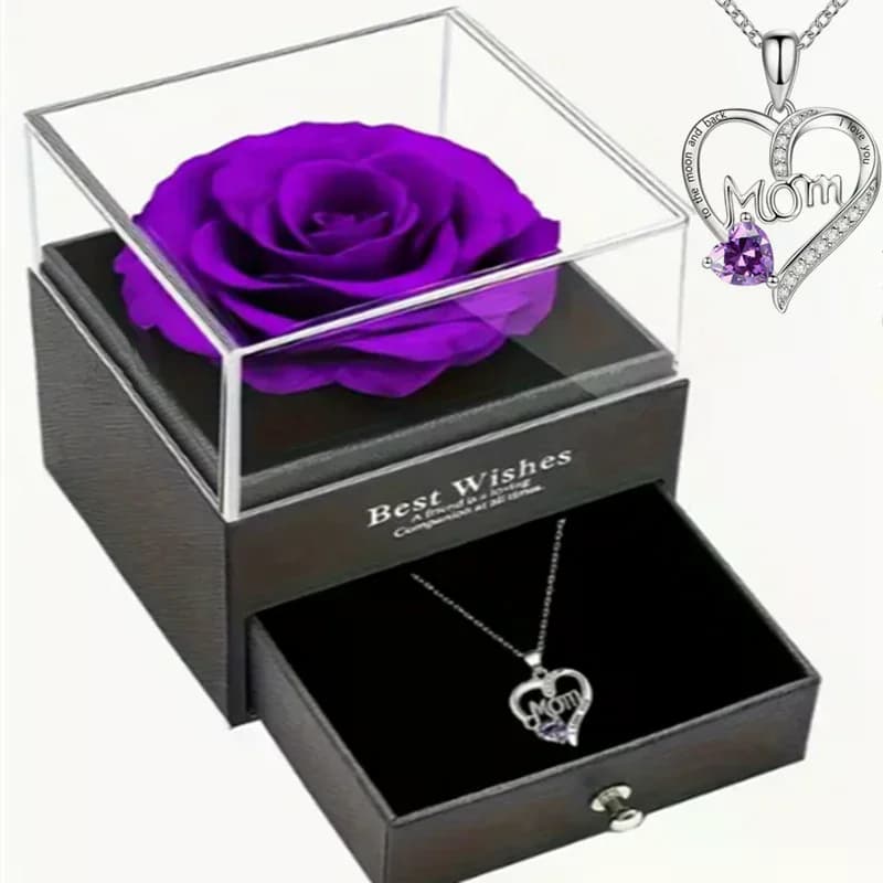 Lussuosa Confezione Regalo con Fiori Conservati, Rosa Viola e Collana con Ciondolo a Cuore 'MAMMA Ti Amo' - Elegante Regalo per Festa della Mamma e Anniversario