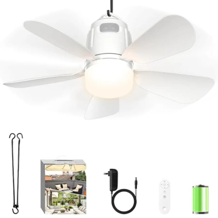 Ventilatore da soffitto portatile da esterno Canopy Fan 20'' 20000mAh con luce, telecomando e gancio di estensione, facile da usare, a batteria