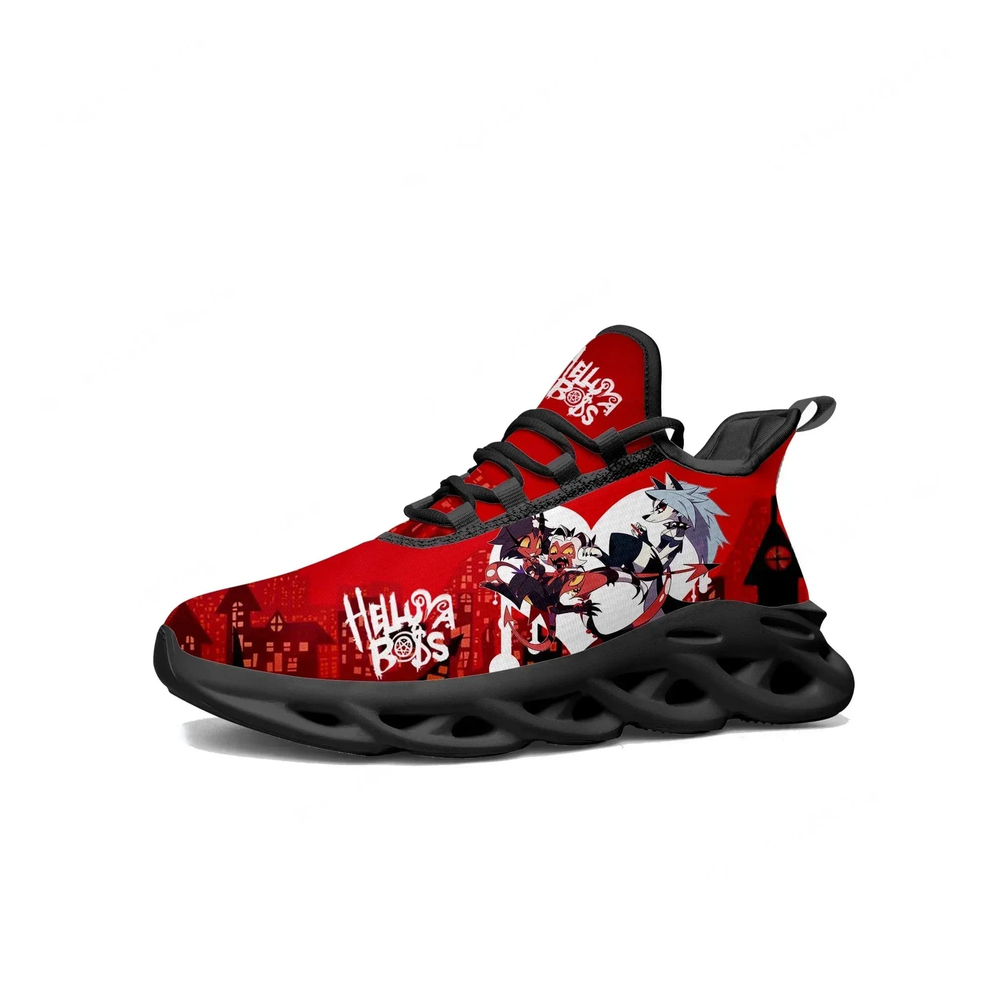 Scarpe da ginnastica sportive personalizzate con lacci in mesh per uomo, donna e adolescente, ispirate a Boss Anime, cartoni animati, manga e fumetti Helluva.