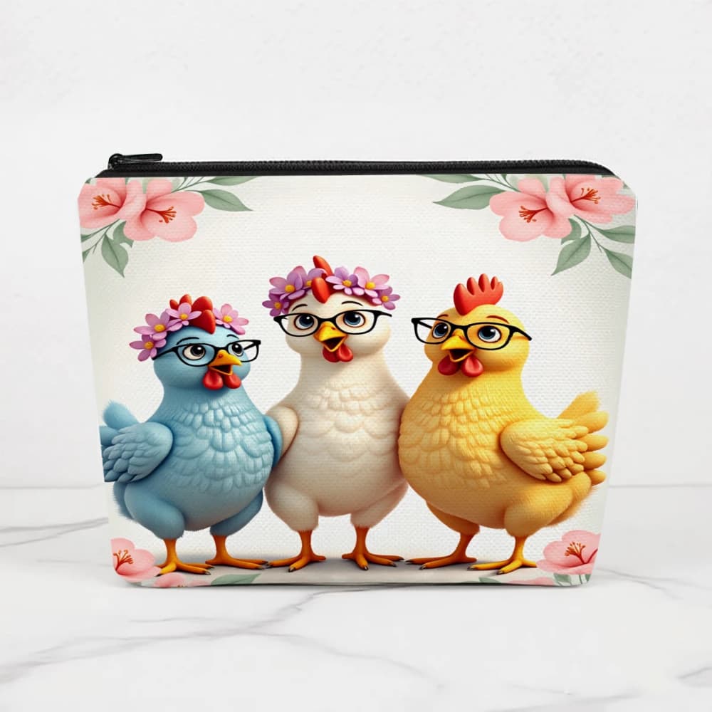 Borse per il trucco con polli colorati, fiori e occhiali, per ragazze, pochette per cosmetici, borsa da toilette, astuccio per matite, custodia da viaggio