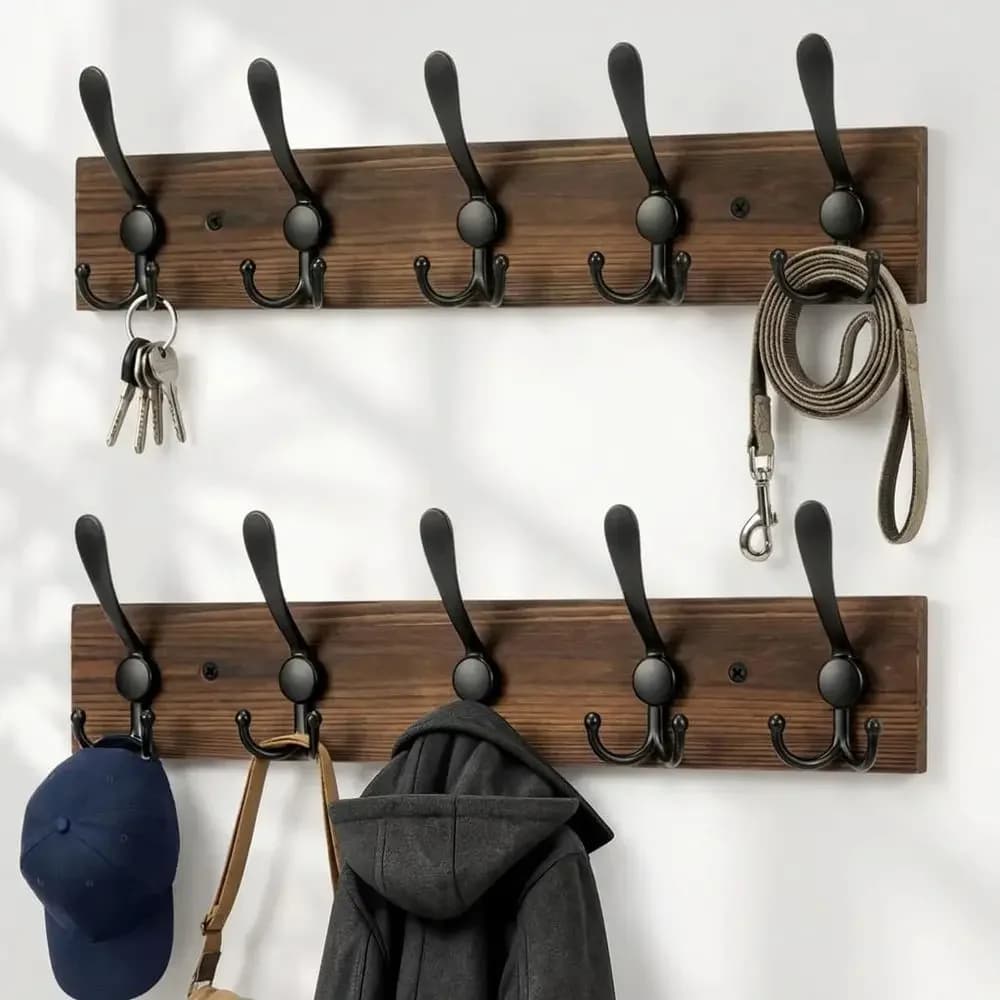 Wooden Coat Rack Wall Mount Heavy Duty, 2 Pack Coat Hanger Wall Mount with 5 Hooks for Clothes, Hat, Keys, Space Saving Entryway