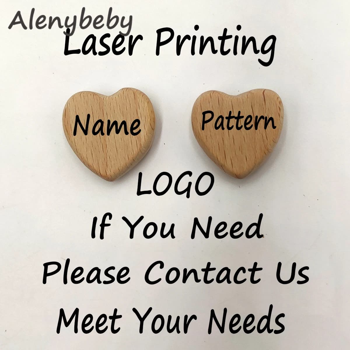 Customized LOGO Name Beech Wood Love Heart Star Shaped Teether Beads Pendant DIY Necklace Wooden Crafts Jewelry Charm Accessory