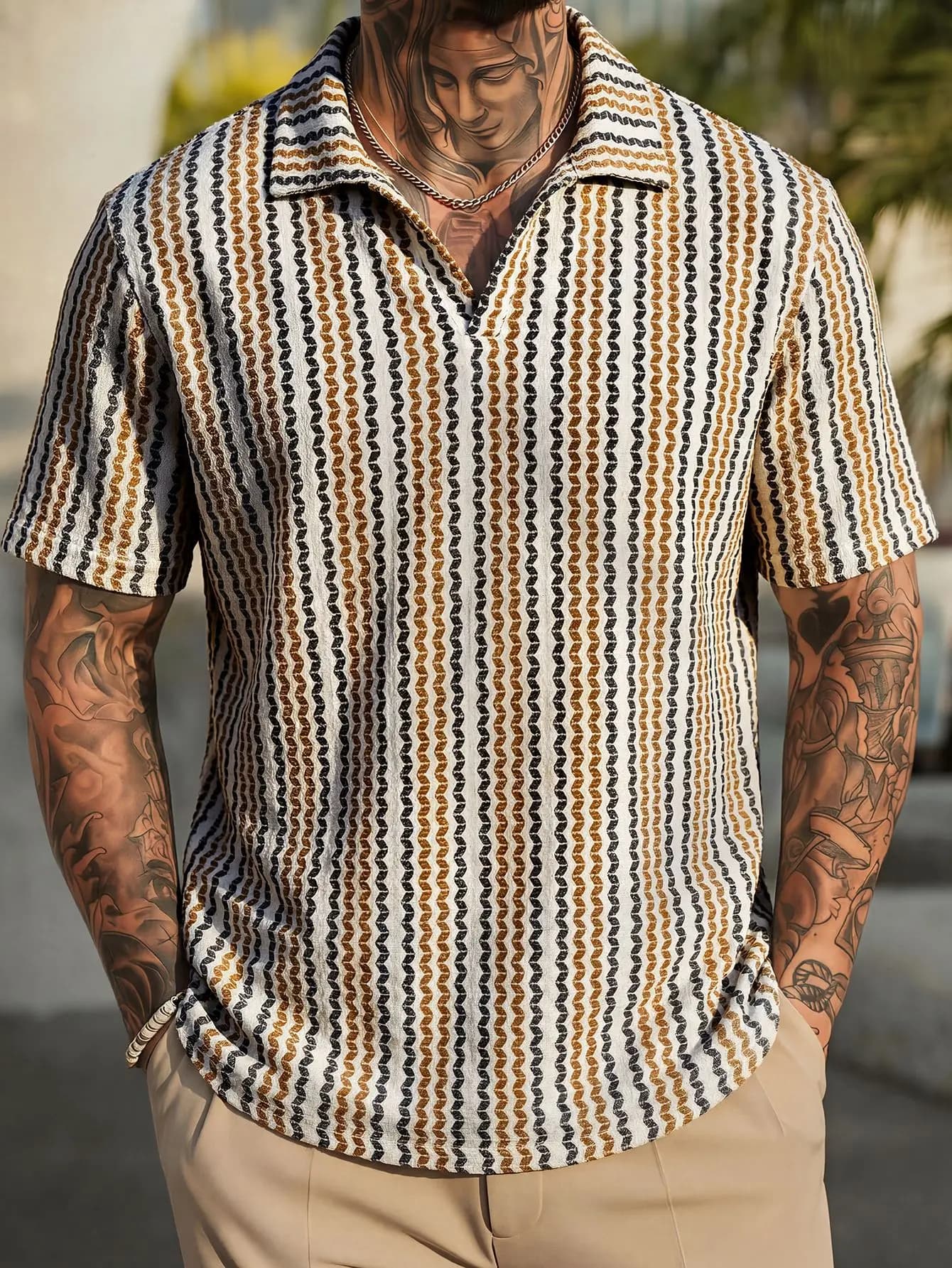 Polo da uomo estivo 2026 nuovo, alla moda, a righe, in maglia, con colletto lavorato a uncinetto, a maniche corte, per il tempo libero all'aperto, vestibilità ampia, per vacanze al mare