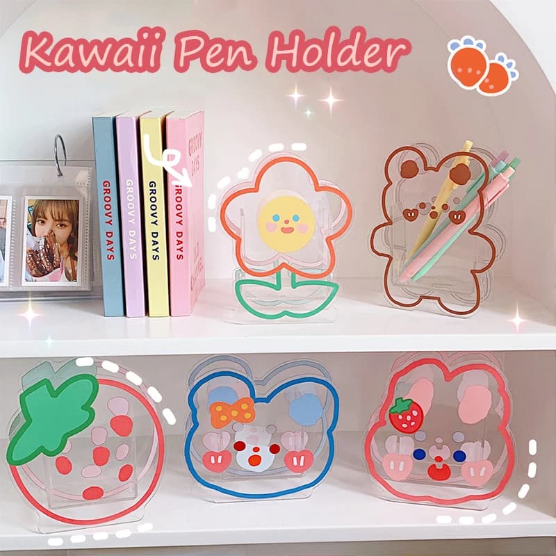 Portapenne Kawaii creativo carino organizzatore da scrivania cartone animato acrilico trasparente scatola di immagazzinaggio stazionaria studenti scuola forniture per ufficio