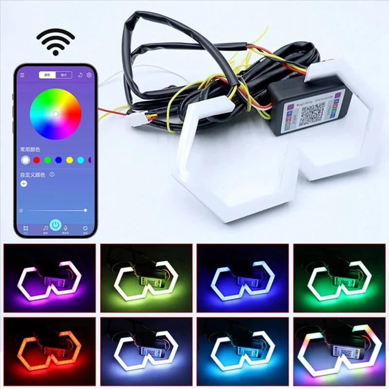 A95E-2PCS RGB Angel Eyes Halo Anelli Indicatori di direzione Bluetooth APP Controllo Auto UTV Moto DRL Faro Luce decorativa
