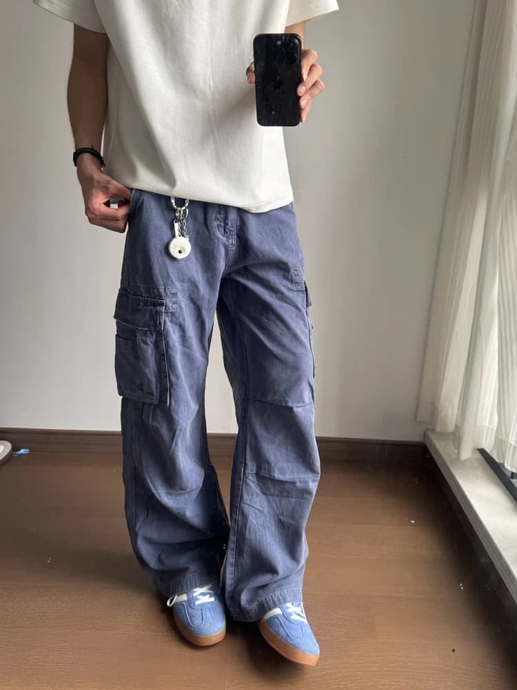 Retro American Vintage Work Pants Men's Loose Straight Casual Trousers Multi-Pocket Wear Resistant Jeans mid Waist Zipper