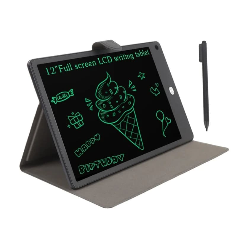 Tablet LCD da 12 pollici con custodia in PU, penna nera, protezione per gli occhi, cancellabile, riutilizzabile, blocco da disegno elettronico per disegnare e prendere appunti