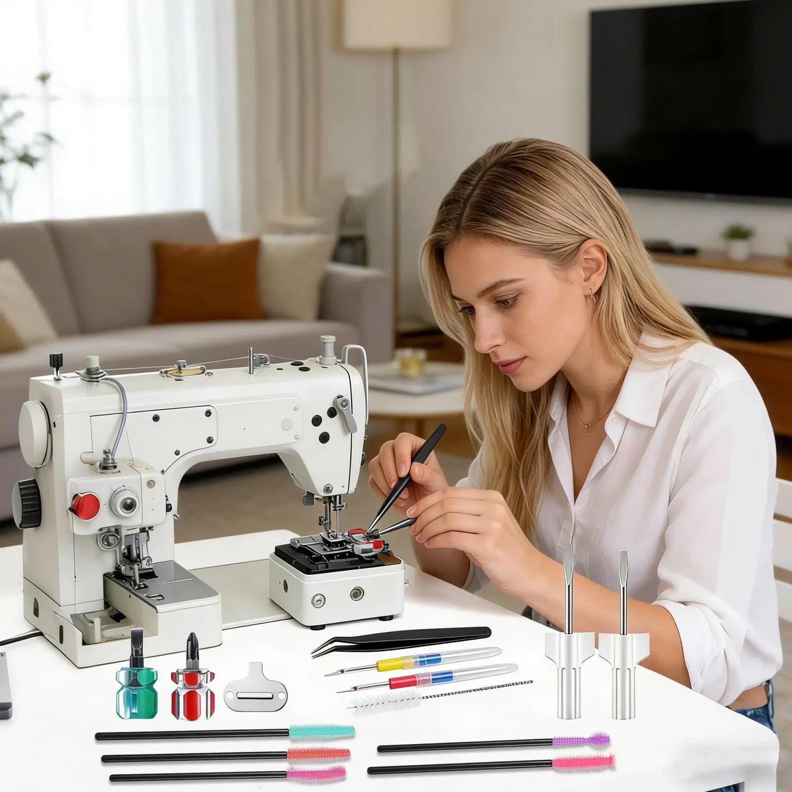 Set di Strumenti per Riparazione Macchine da Cucire con Ripuntatore e Cacciaviti, con Borsa Portaoggetti per Riparazioni, Artigianato, Laboratorio e Studio