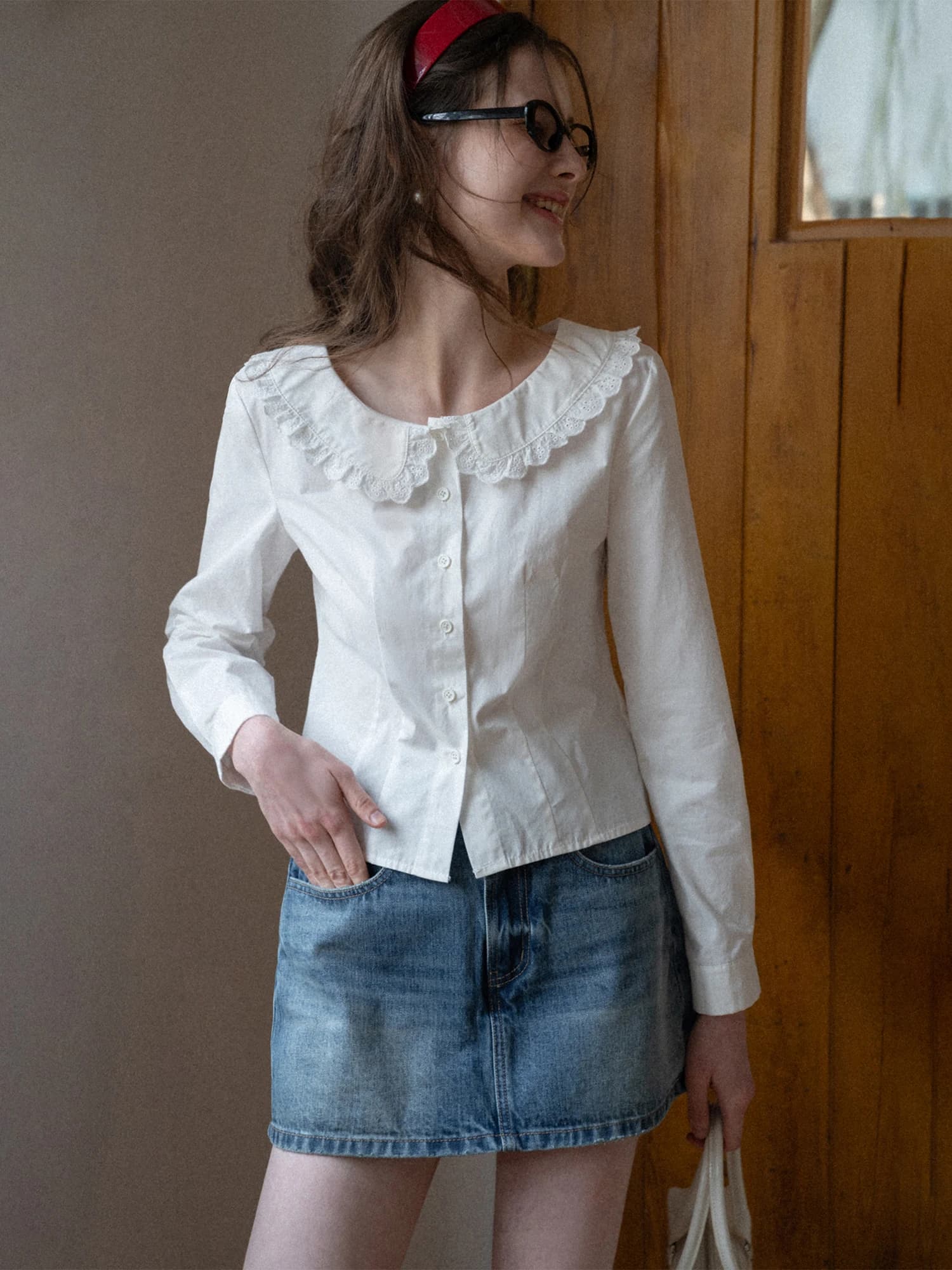 Camicia Casual Bianca a Maniche Lunghe con Colletto Ricamato Eggka per Donna, Primaverile, Dolce, Traspirante, Delicata sulla Pelle, in Misto Poliestere e Cotone