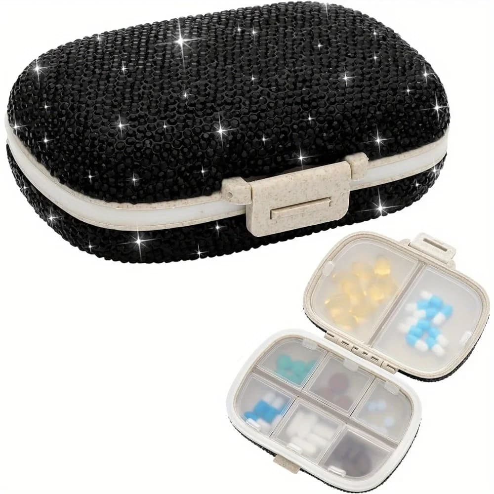 Organizzatore di pillole Bling con 8 scomparti Portapillole portatile da viaggio Portapillole con strass a doppia faccia per regali di moda vitaminici