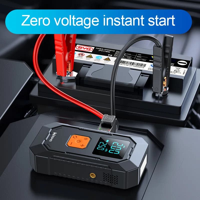 Avviatore d'emergenza portatile 4-in-1 per auto con pompa ad aria e power bank con illuminazione - Gonfiatore pneumatici e avviatore batteria per veicoli
