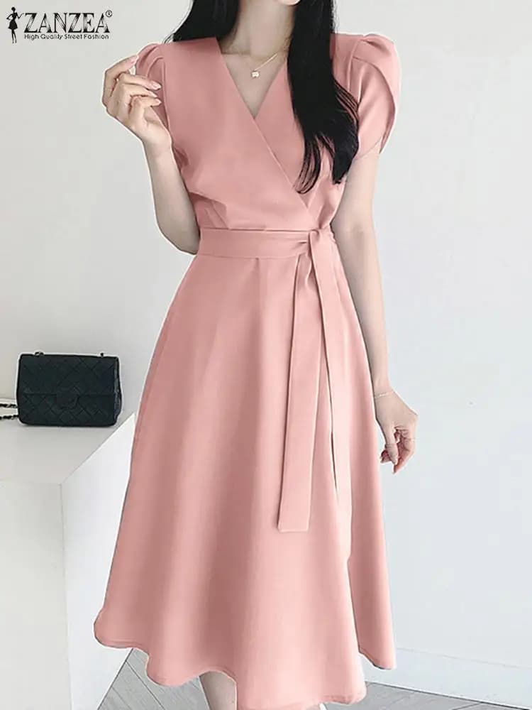 ZANZEA Elegante Estate Abito a maniche corte Moda donna OL Lavoro Vestito estivo Robe Femme Casual Solid A Line Vestido Caftano Sarafans