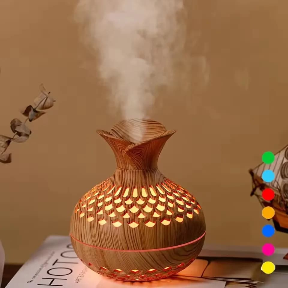 Umidificatore con Effetto Legno e Fiori, Mini Diffusore di Aromi USB Silenzioso per Ufficio e Scrivania, Macchina per Aromaterapia Elettrica con Display LED