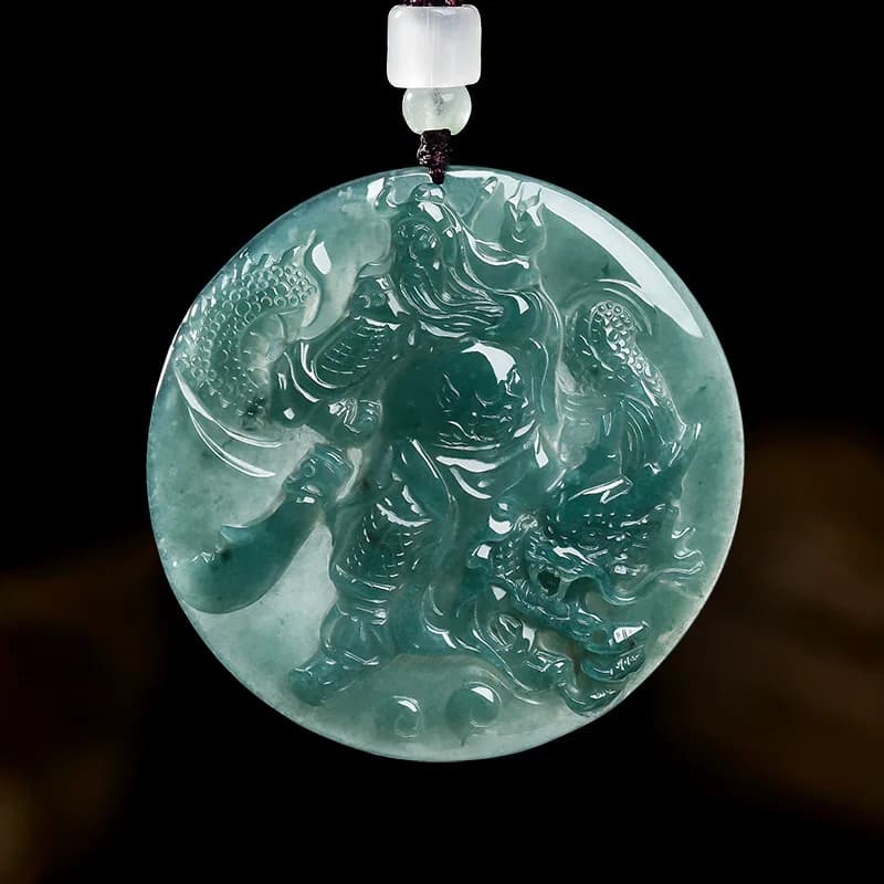 Natural Real Emerald Jade Blue Water Control Dragon Lord Guan Pendant Necklace Carved Jadeite Jewelry Amulet Gifts Certificate