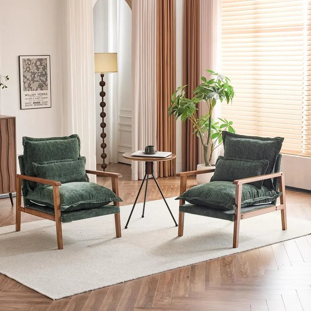 Set di 2 poltrone Mid-Century Modern Cloud Accent con cuscino lombare, sedie da lettura con cuscino spesso 6,3 cm e braccioli in legno